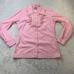 Vintage Miller Western Wear Ruffle Blouse Pink Lace 70s Pearl Snap